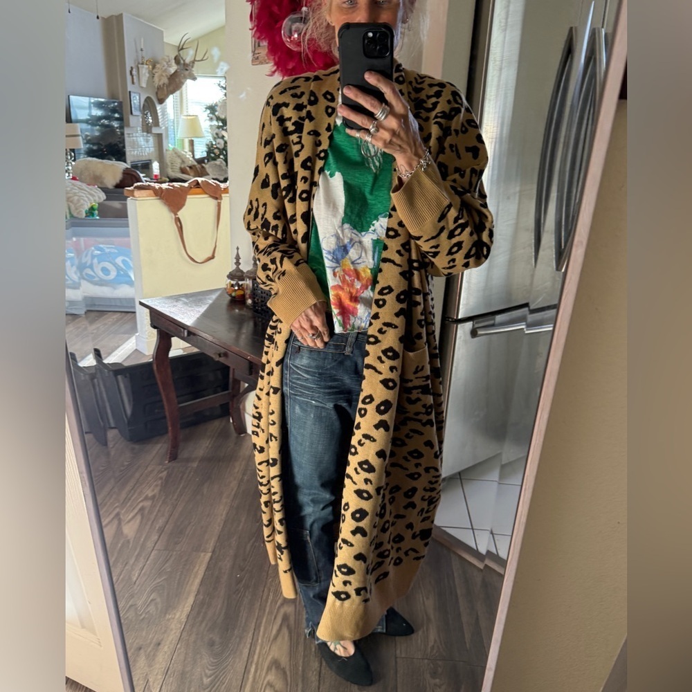 Leopard print knit duster jacket one size